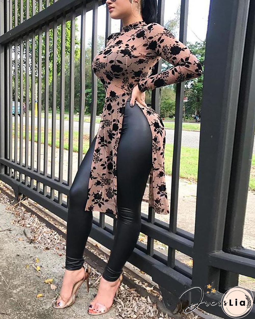 Stylish Applique Side Split Longline Long Sleeve Blouse P15652