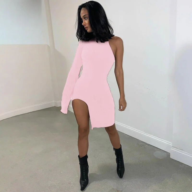 Dulzura solid women mini dress one shoulder long sleeve turtleneck bodycon slit sexy streetwear party elegant 2020 autumn winter