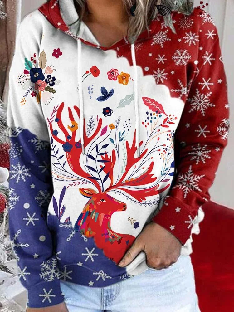 Women's Loose Christmas Elk Snowflake Printed Long Sleeved Hoodies