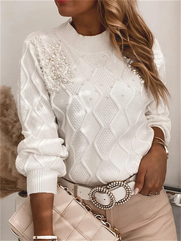Solid Color Crewneck Pearl-embellished Knitted Sweater
