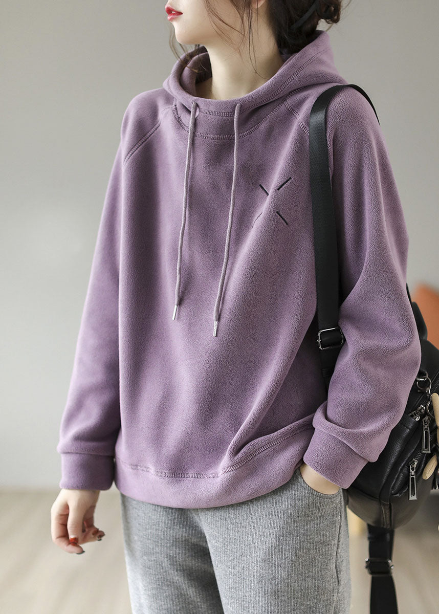 VCSHOES Purple Hooded Embroideried Fleece Wool Lined Pullover Sweatshirt Spring