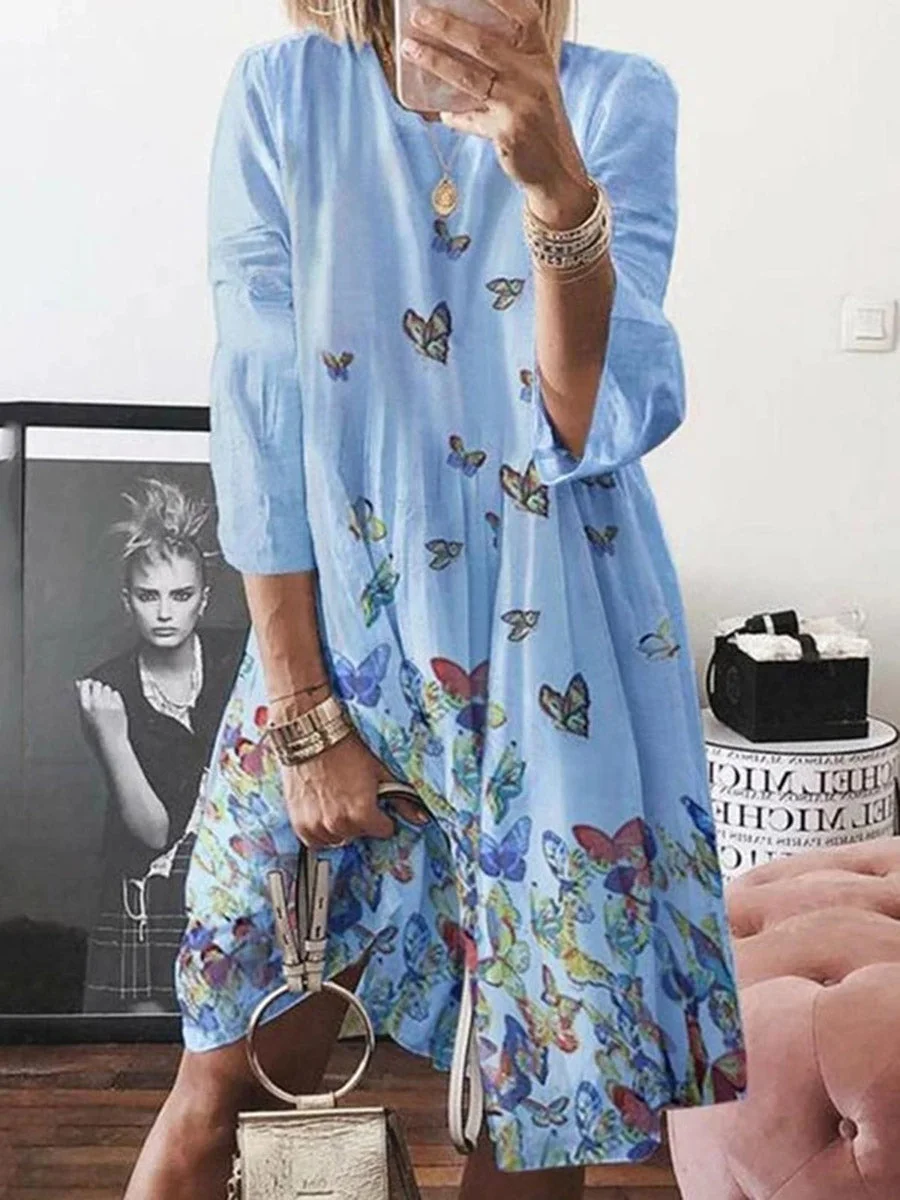 Round Neck Long Sleeves Floral Dress