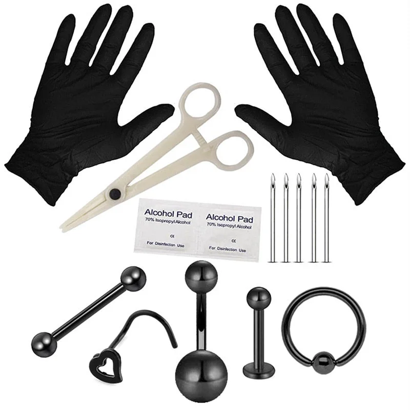 Body Piercing Kit With Needle Pack Nose Septum Belly Button Piercing Tool Kit Ear Tragus Nipple Eyebrow Labret Pircing Set Clamp