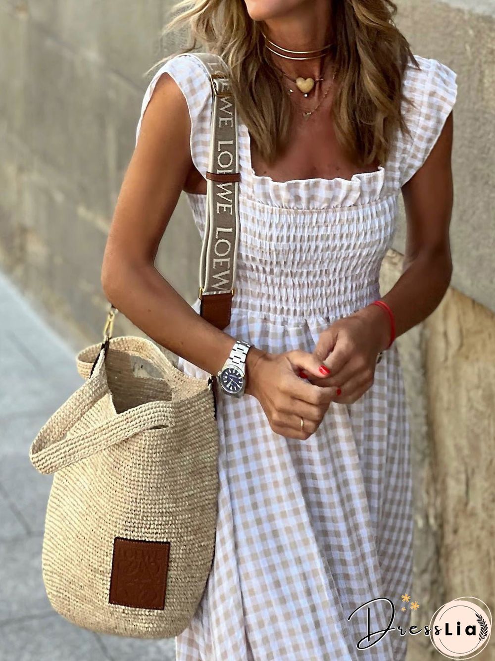 Women'S Dresses Square Neck Plaid Print Ruffle Sleeve Dress