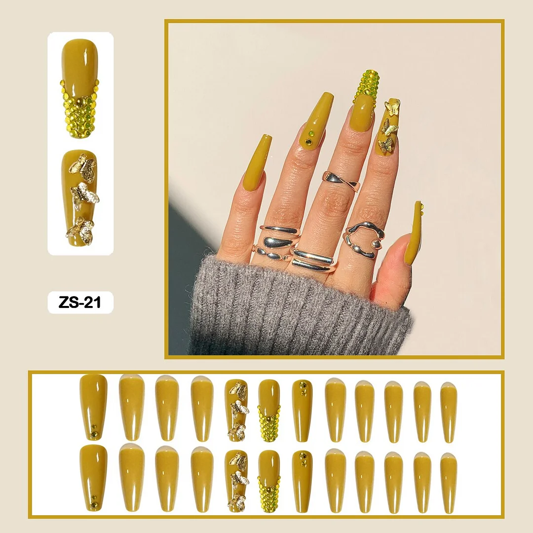 24pcs/box  Long Trapezoid Fake Nails  WIth Jewels Decorated Wearabel False Nails With Glue And Wearing Tools-Nail Inspo