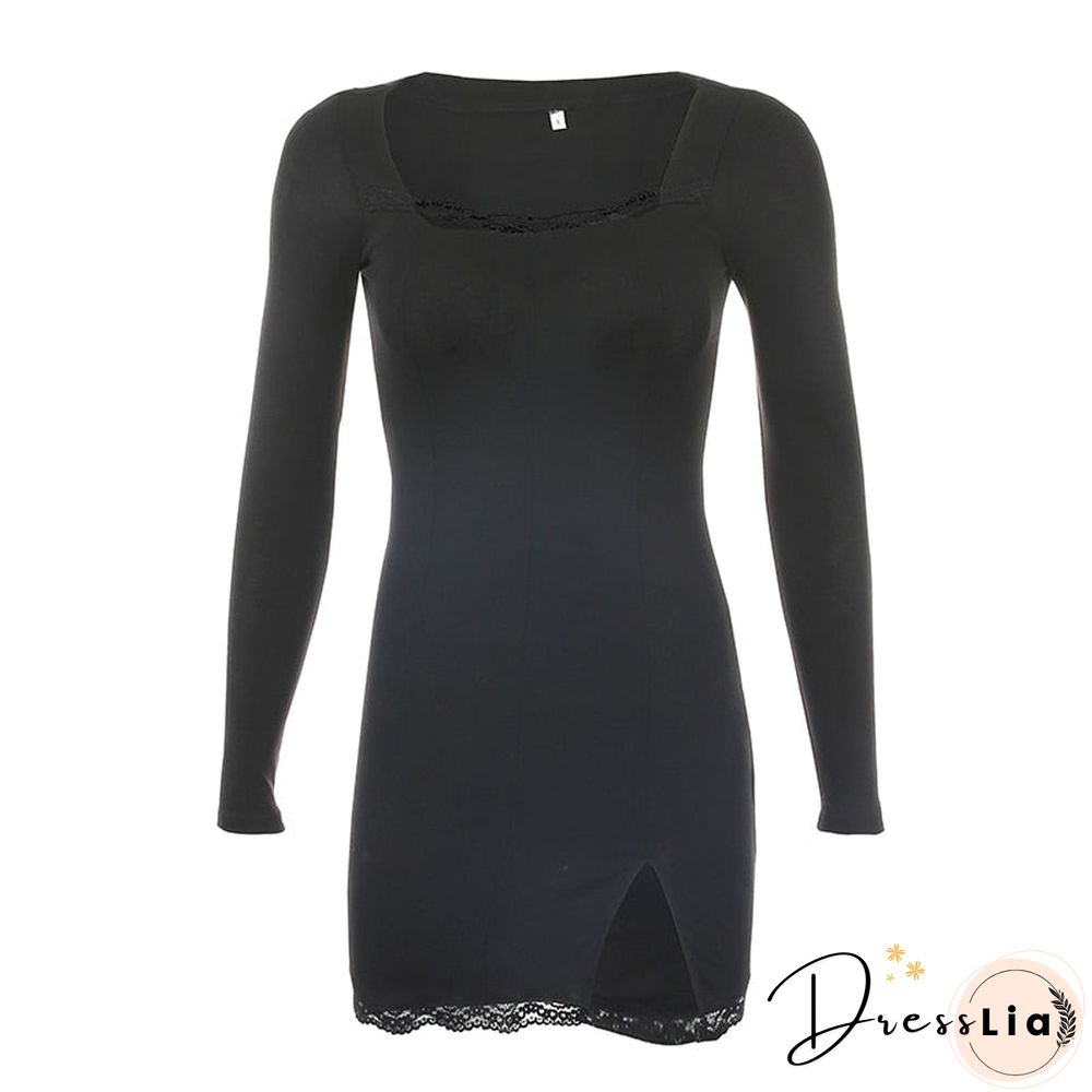 Weekeep Sexy Side Split Square Collar Long Sleeve Spring Dress Women Knitted Bodycon Party Clubwear Mini Dresses