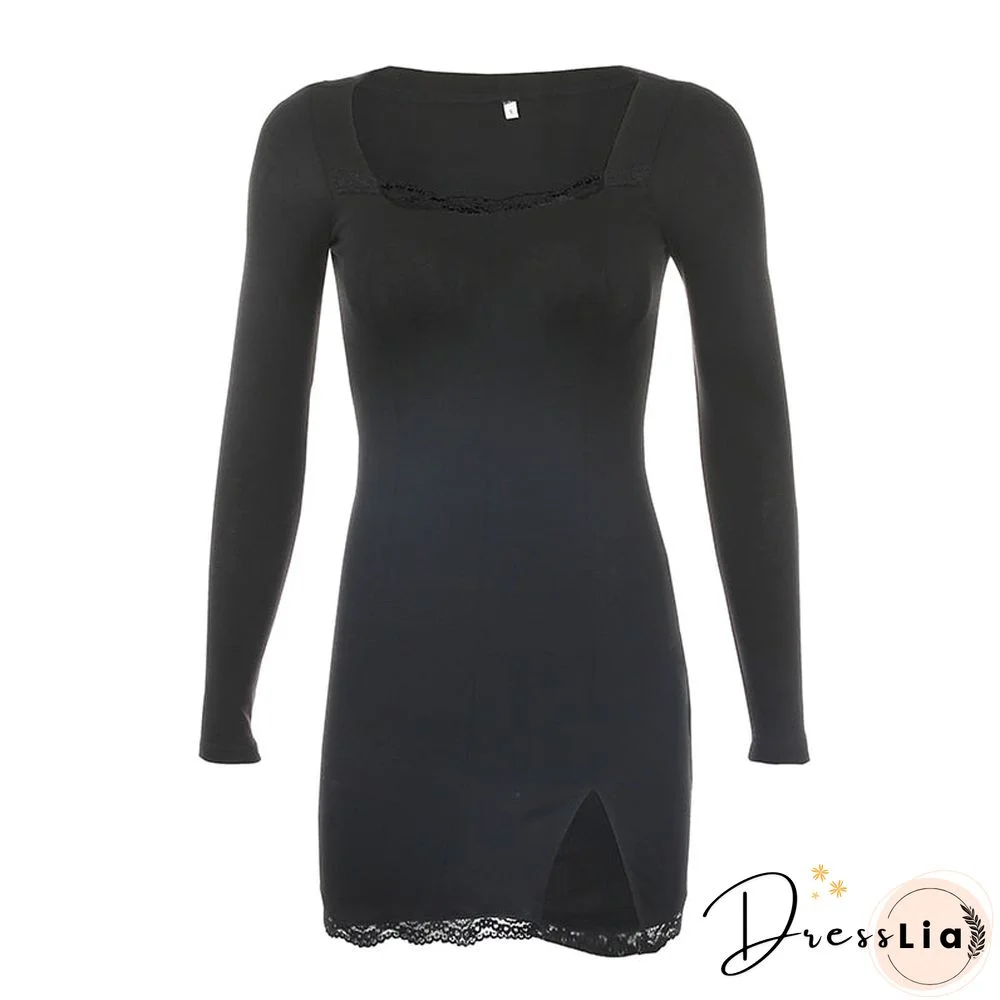Weekeep Sexy Side Split Square Collar Long Sleeve Spring Dress Women Knitted Bodycon Party Clubwear Mini Dresses