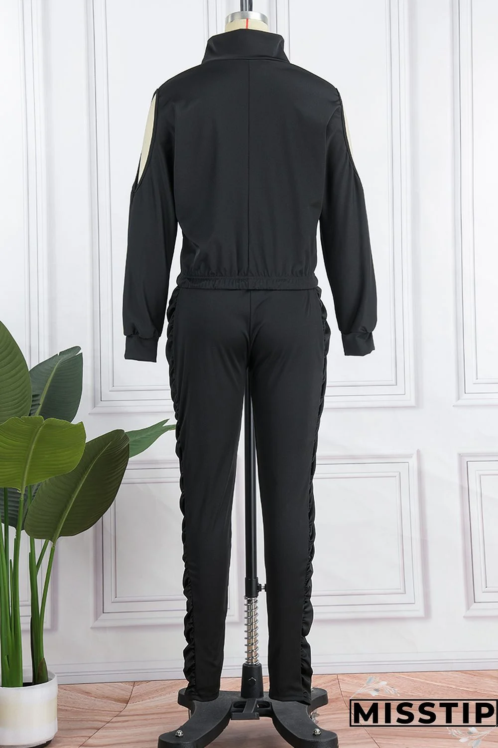 Pink Street Solid Hollowed Out Zipper Collar Long Sleeve Two Pieces