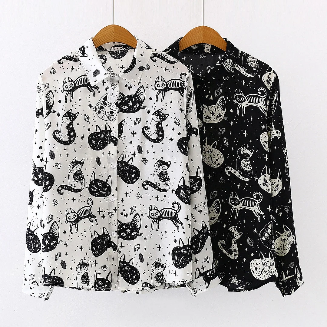 Japanese Black White Cartoon Cat Print Shirts FY051
