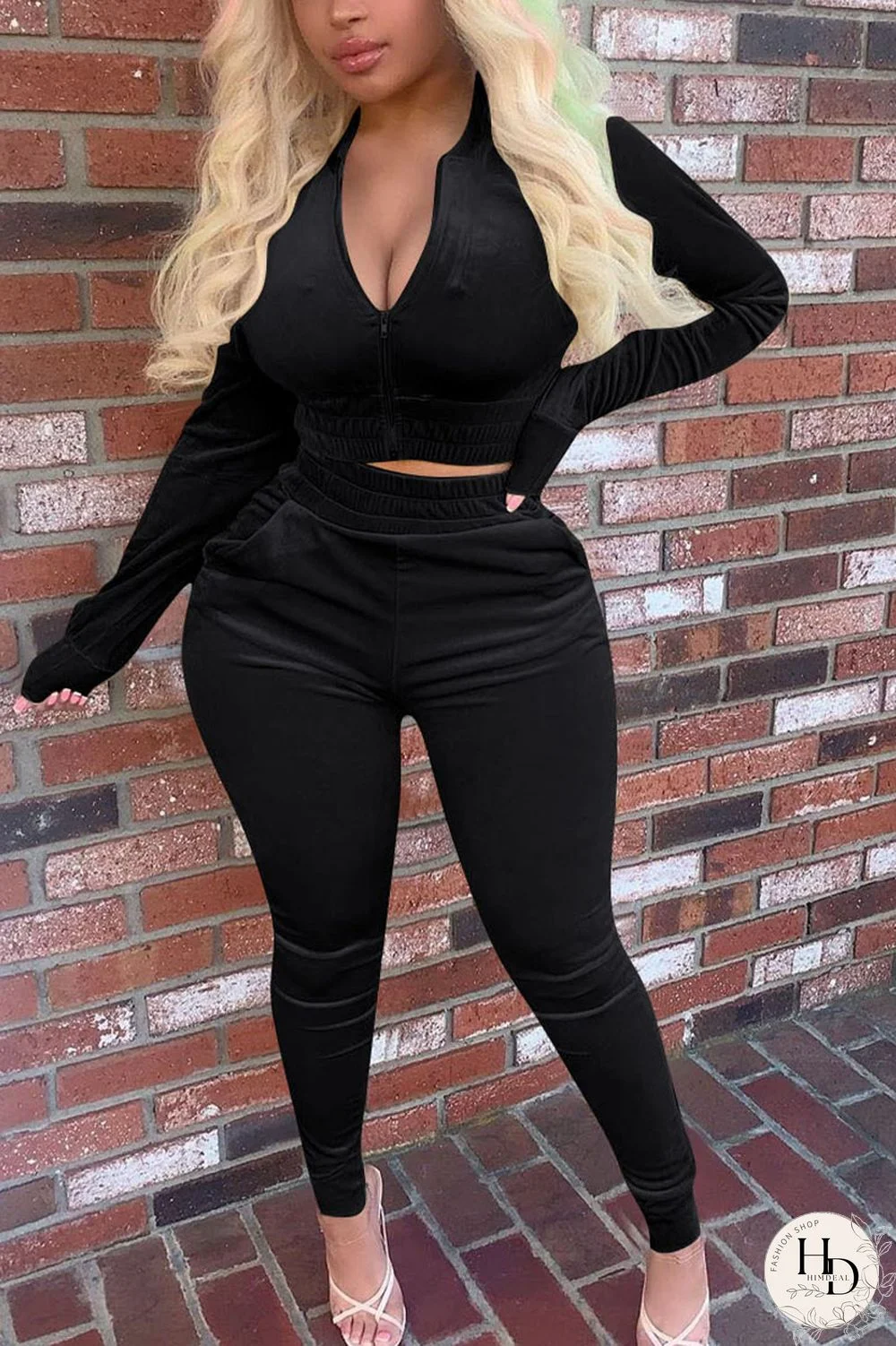 Black Green Street Pleuche Solid V Neck Long Sleeve Regular Sleeve Regular Two Pieces