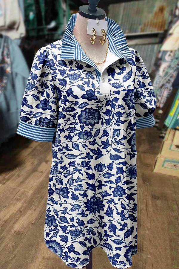 Elegant Floral Print Striped Mini Dress