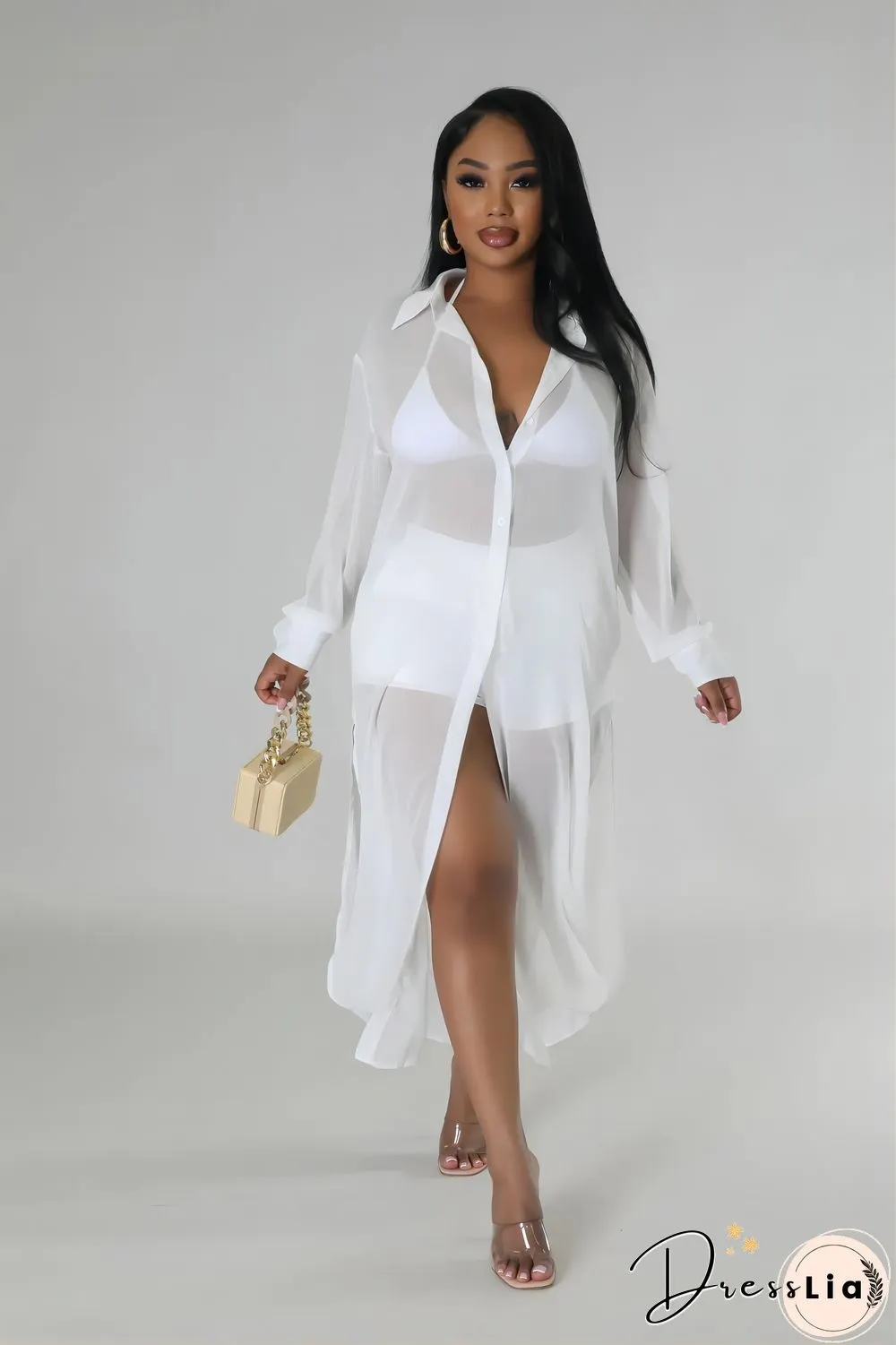 Long Sleeve Chiffon Shirt Dresses+Shorts Two Piece Set