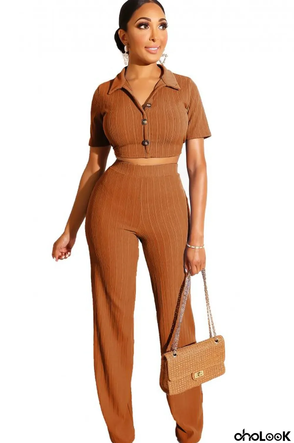Brown Polyester Casual Solid Straight Short Sleeve Two-piece Pants Set