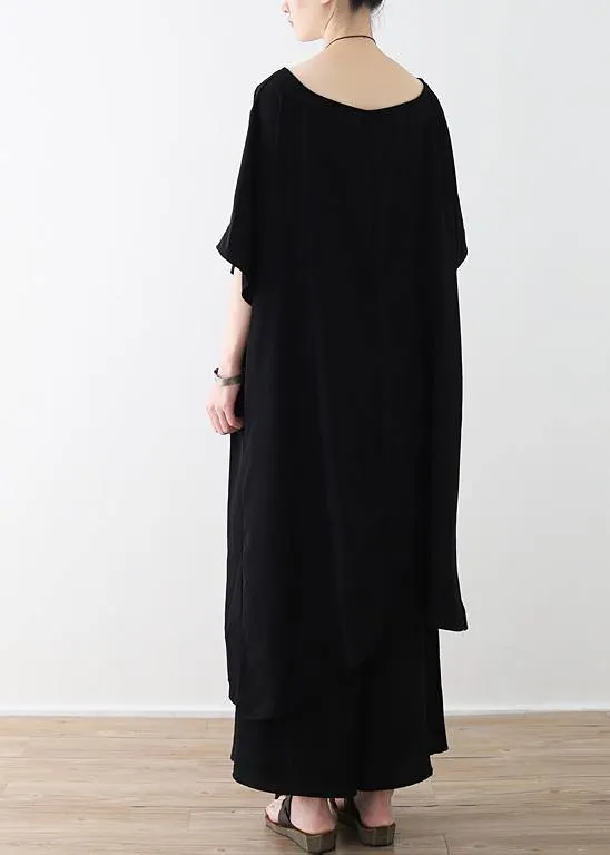 Chic black clothes 2019 Fabrics tops and wide leg pants asymmetric Plus Size Clothing Summer two pieces