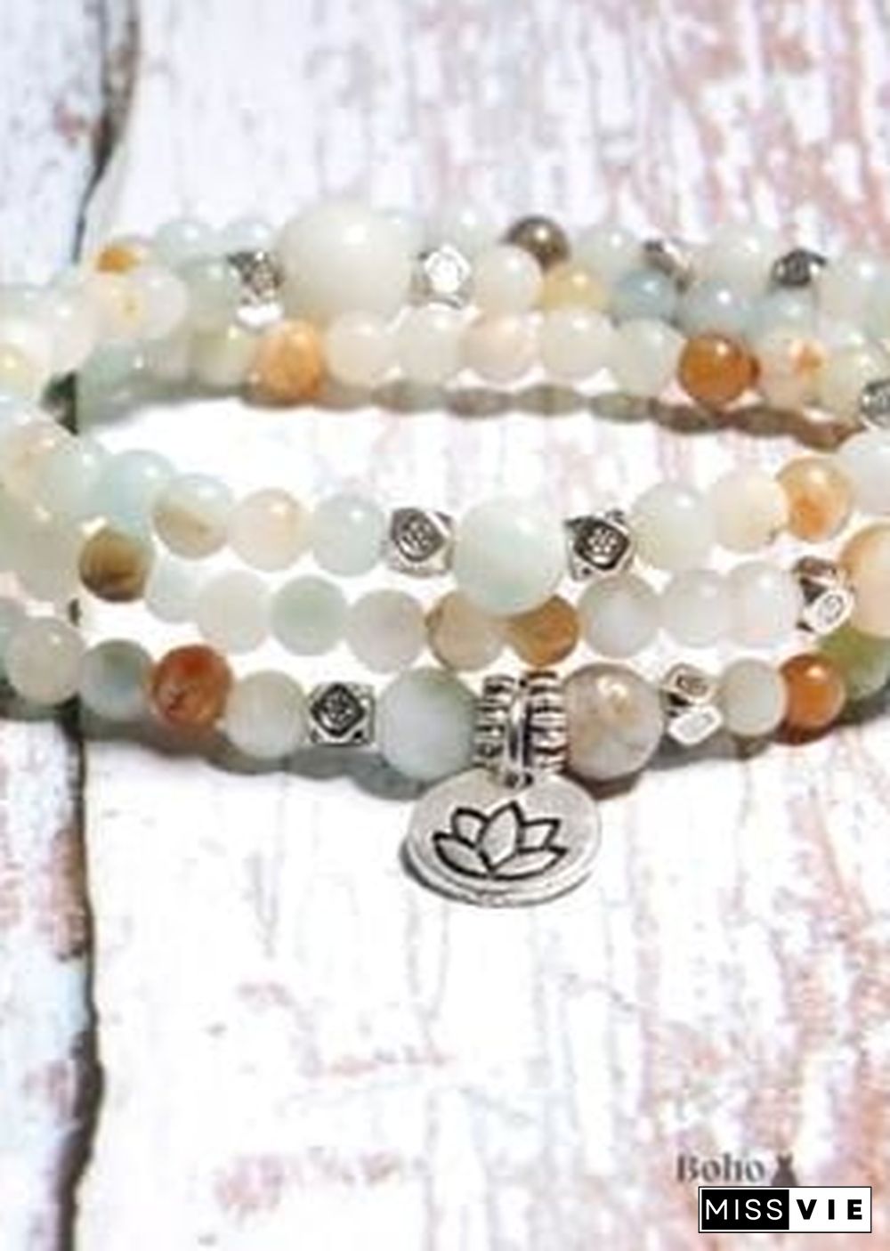 Boho Bracelet, Layers Green Amazonite Mala Mantra Lotus