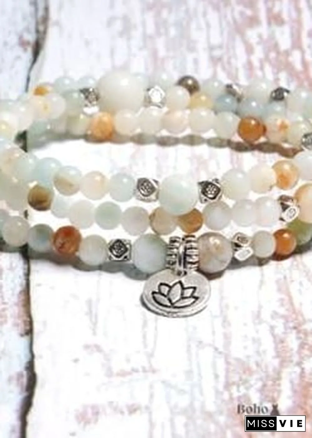 Boho Bracelet, Layers Green Amazonite Mala Mantra Lotus