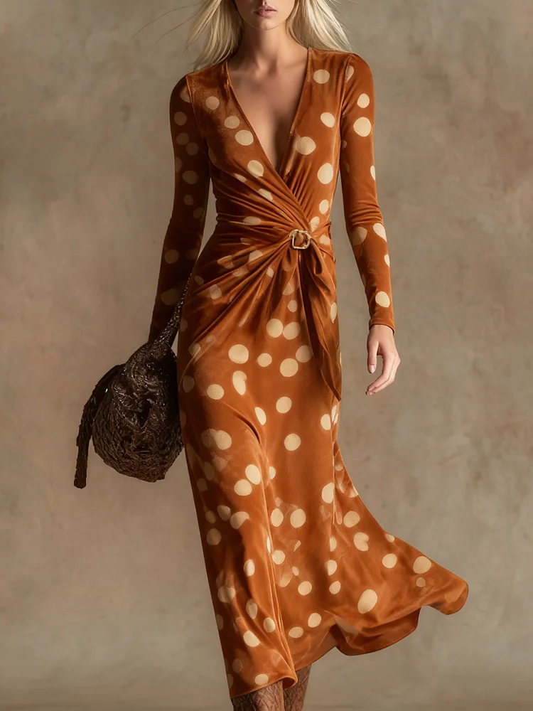 Elegant vintage print V-neck velvet maxi dress