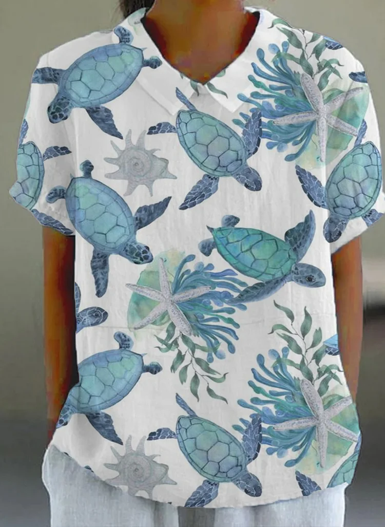Women Sea Turtle Print Casual Loose T-Shirt