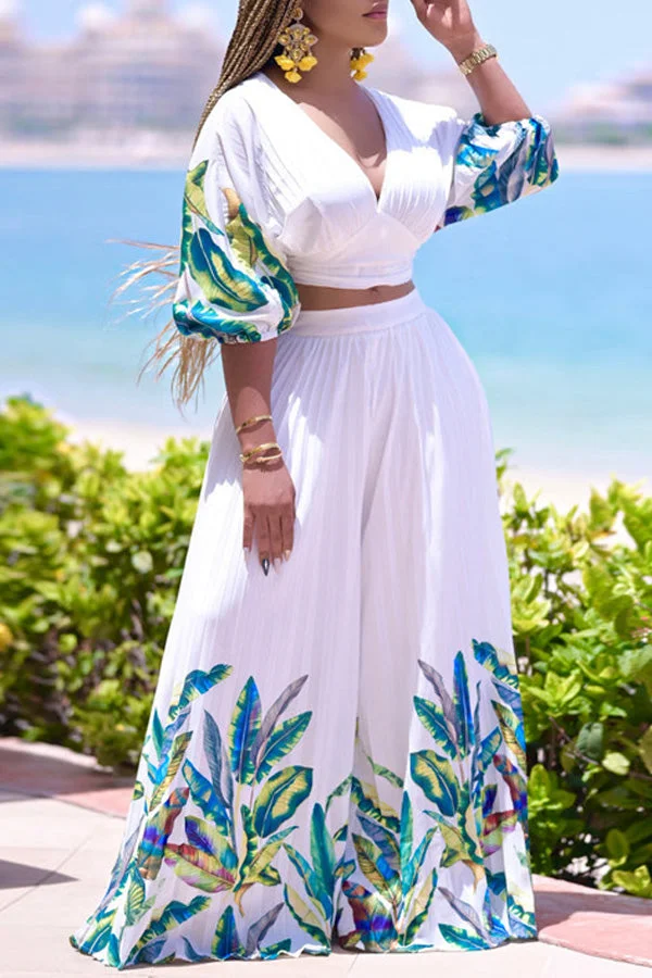 Casual Printed Short Sleeve V-Neck High Waist Swing Pleated Culottes Suit