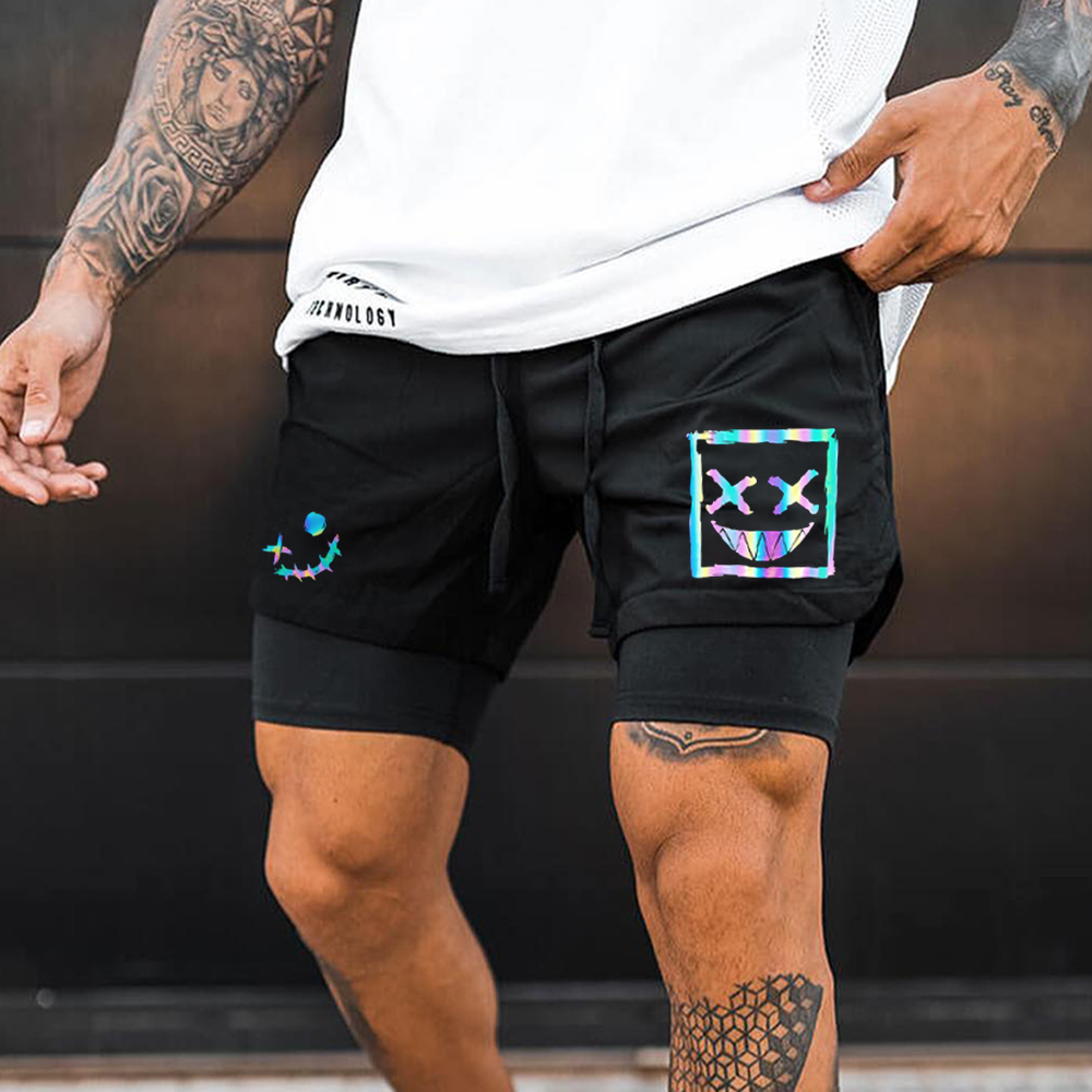 Men's Smiley Print Casual Sports Double Shorts