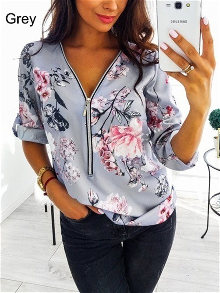 Spring and Summer Models Slim Type Women's New Explosive Floral Print Shirt In The Long-sleeved Shirt Zipper Tops Female