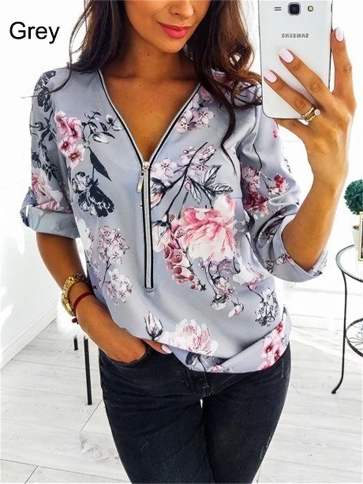 Spring and Summer Models Slim Type Women's New Explosive Floral Print Shirt In The Long-sleeved Shirt Zipper Tops Female-Cosfine