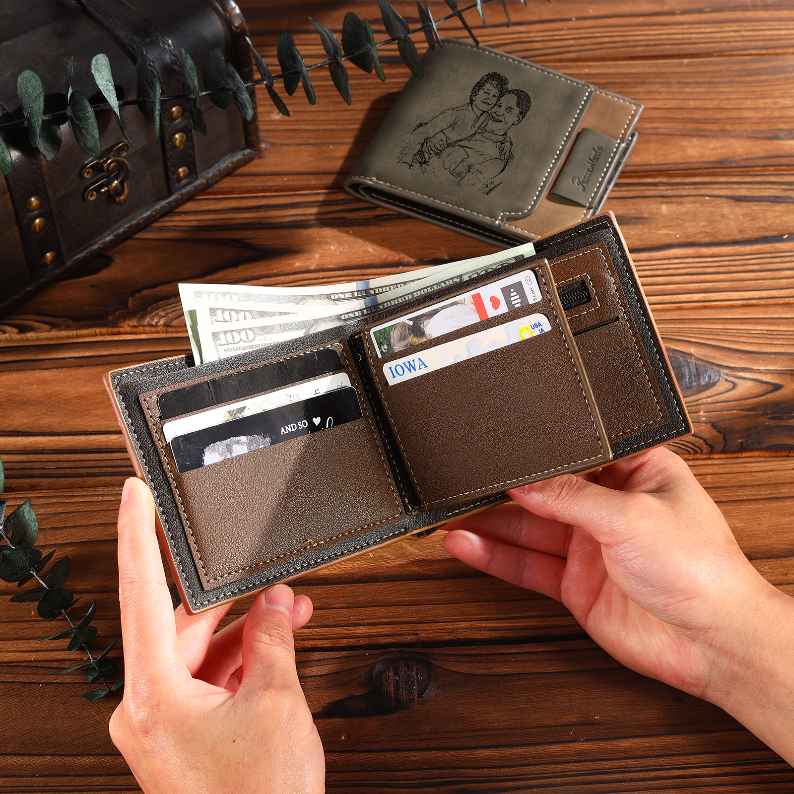 6 Names - Personalised Photo Custom Leather Men's Wallet as a Father's Day Gift for Dad