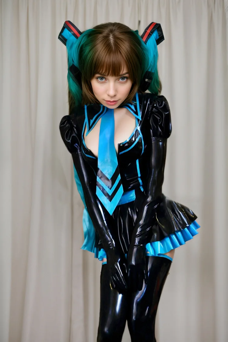 Women Latex Dress Hatsune Miku Anime Cosplay Black Blue