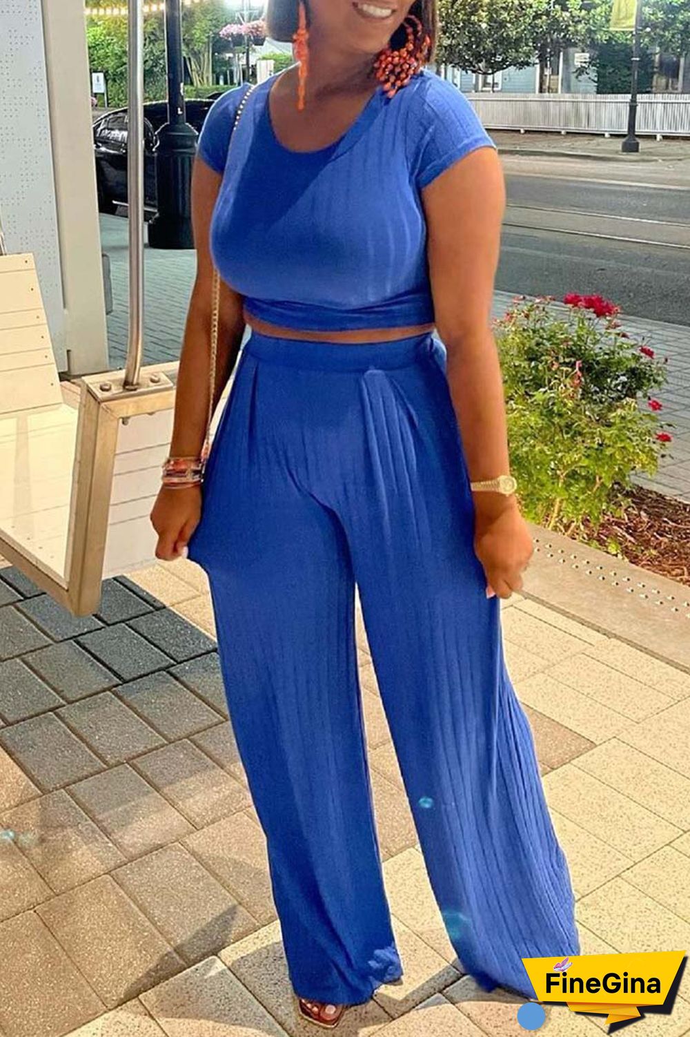 Blue Casual Solid Basic O Neck Short Sleeve Two Pieces