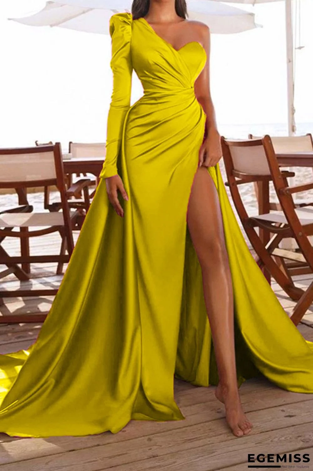 Yellow Elegant Print Patchwork Asymmetrical Asymmetrical Collar Evening Dress Dresses | EGEMISS