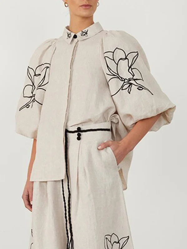 Split-Joint Printed Pleated Puff Sleeves Loose Lapel Blouses&Shirts Tops