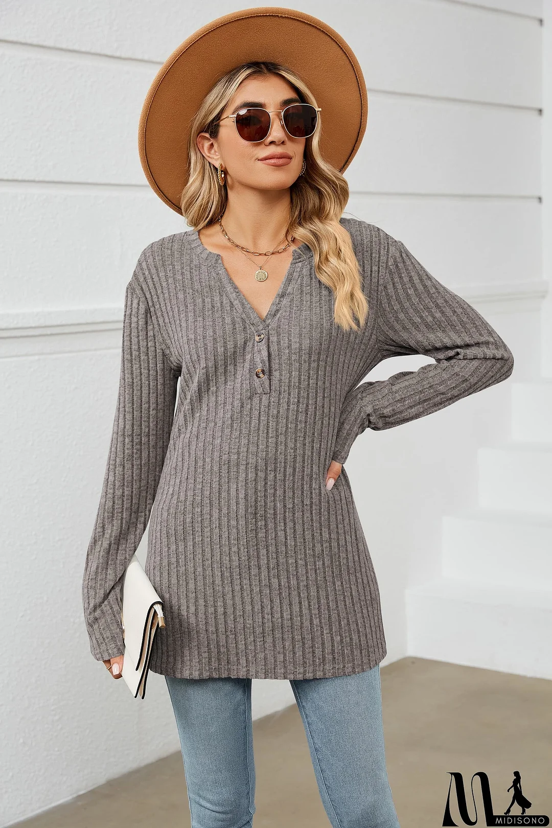 MidiSono - Notched Neck Ribbed Long Sleeve T-Shirt