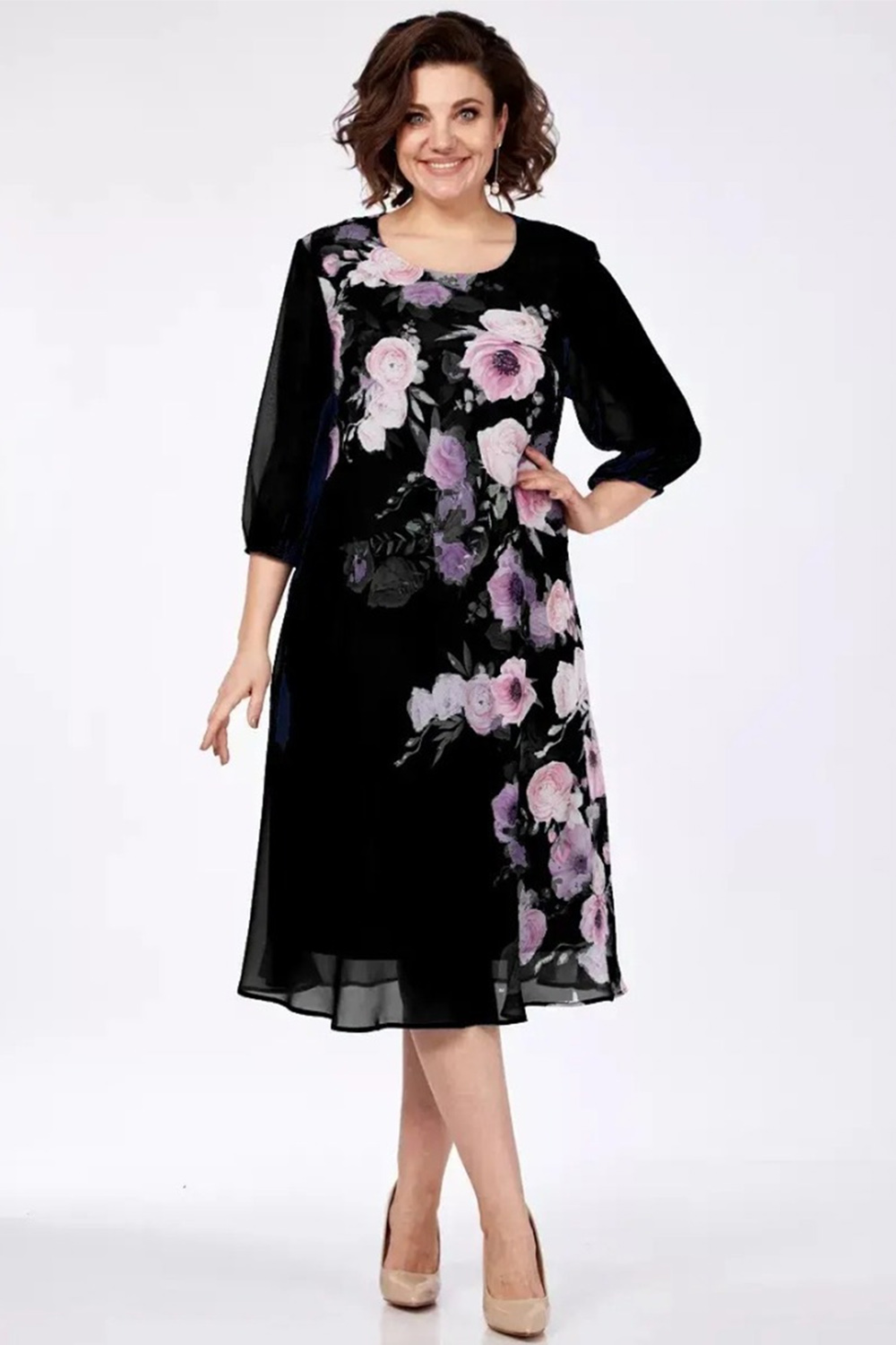 Plus Size Everyday Navy Blue Chiffon Floral Print 3/4 Sleeve Midi Dress 2024 - Flycurvy 