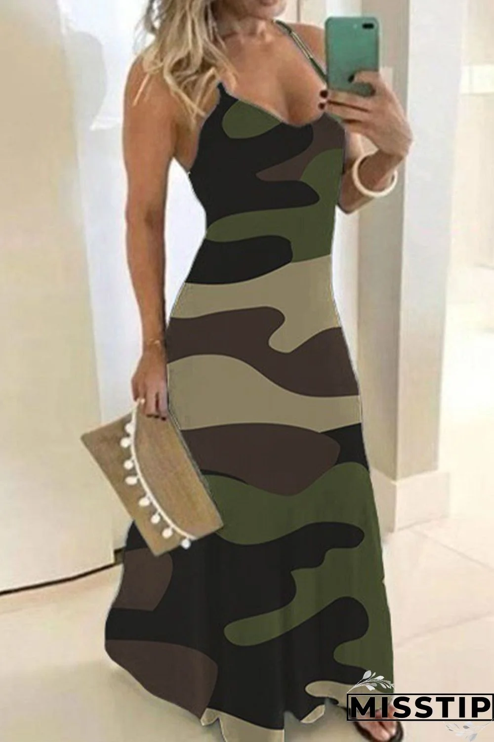 Green Casual Work Street Elegant Print Spaghetti Strap A Line Dresses