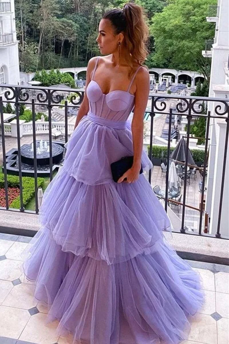 Miabel Purple Spaghetti Strap Tulle Ball Gown Bridesmaid Dress