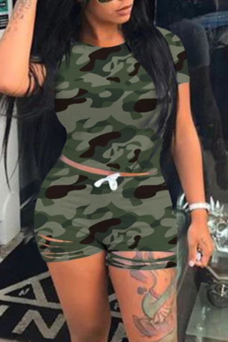 Green Fashion Print T-shirt Shorts Sports Set | EGEMISS
