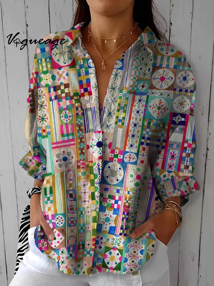 Gentle And Creative Pattern Stitching Printed Cotton And Linen Shirt