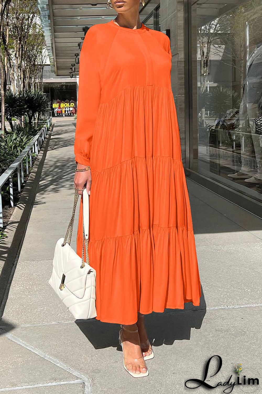 Apricot Casual Solid Patchwork Fold O Neck Straight Dresses