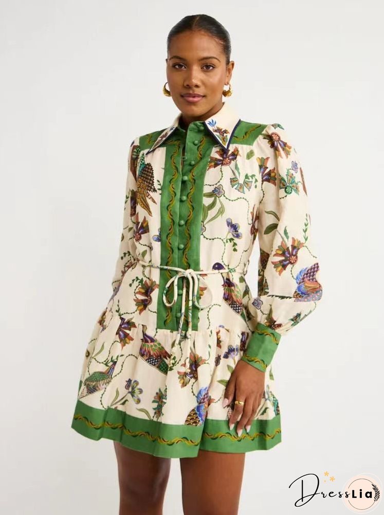 Single-breasted Lantern Sleeve Graffiti Print Lace-up Waist Maxi Dress