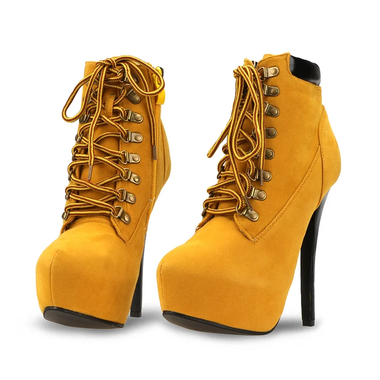 Mustard Lace Up Boots Stiletto Heel Vegan Suede Platform Booties |FSJ Shoes