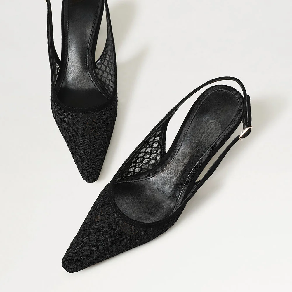 Black Mesh Pointed Toe Buckle Slingback Pumps Shoes with Chunky Heel