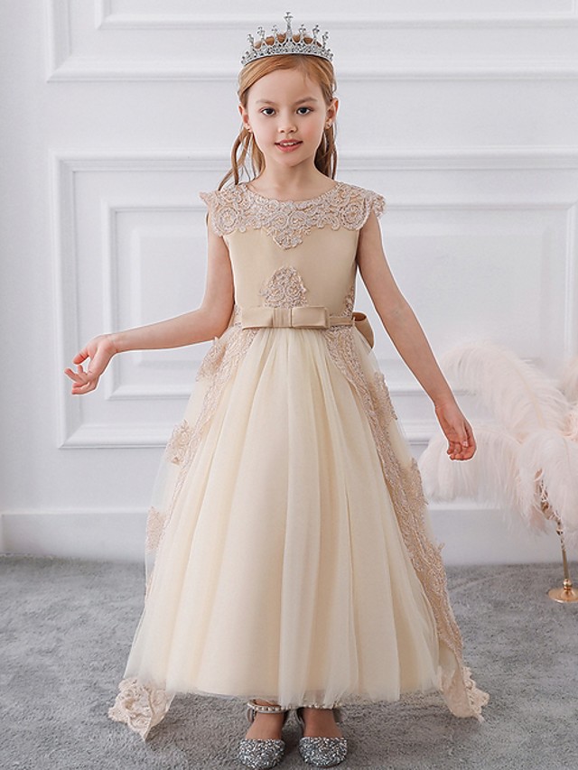 Dresseswow Princess Sleeveless Jewel Neck Ball Gown Flower Girl Dresses Satin Tulle With Sash Ribbon Bow Appliques