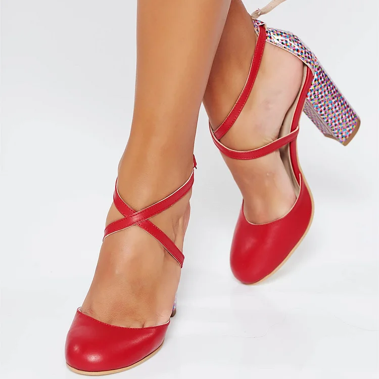 Red Chunky Heel Almond Toe Pumps - Stylish and Comfortable Footwear Vdcoo