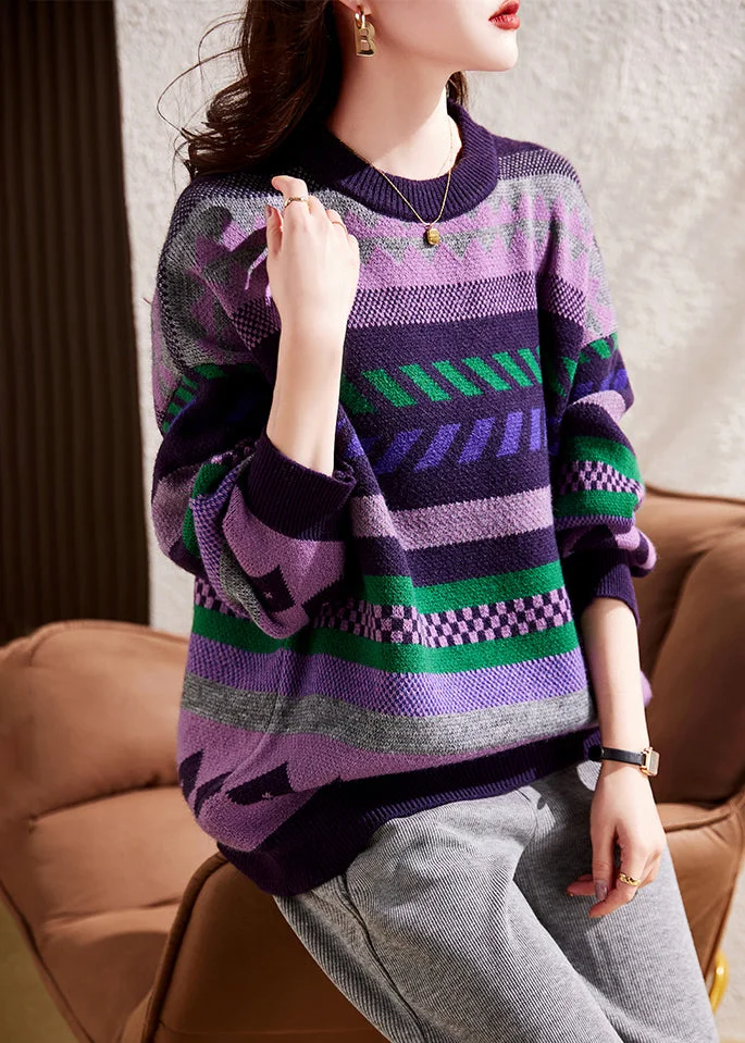 French Purple Striped Thick Knit Sweaters Winter
