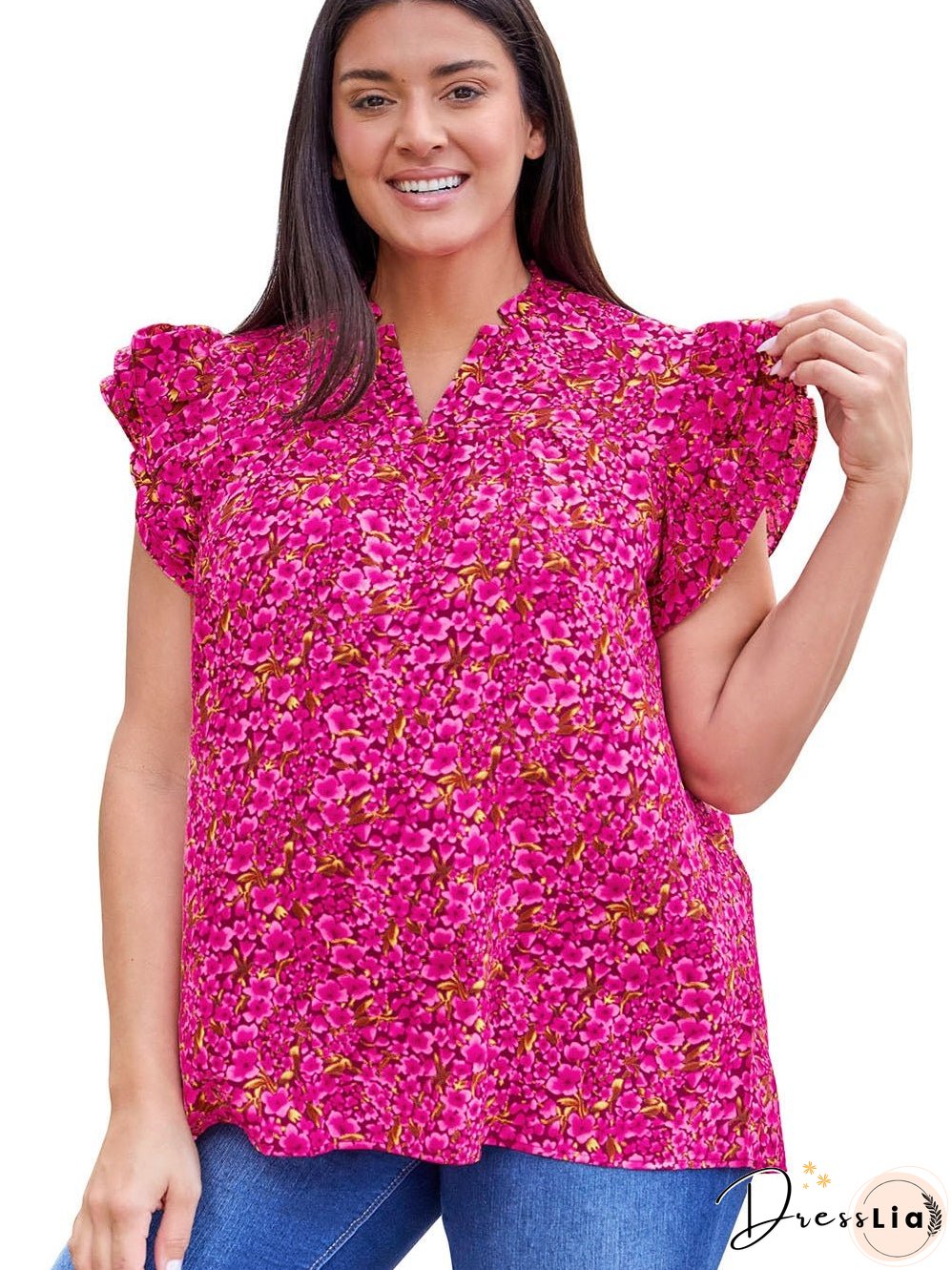Rose Floral Print Ruffle Sleeve Plus Size Shift Top
