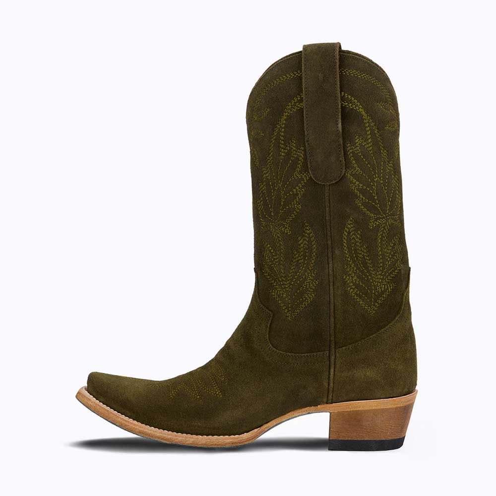 Stylish Olive Vegan Suede Embroidered Detail Mid-Calf Cowgirl Boots