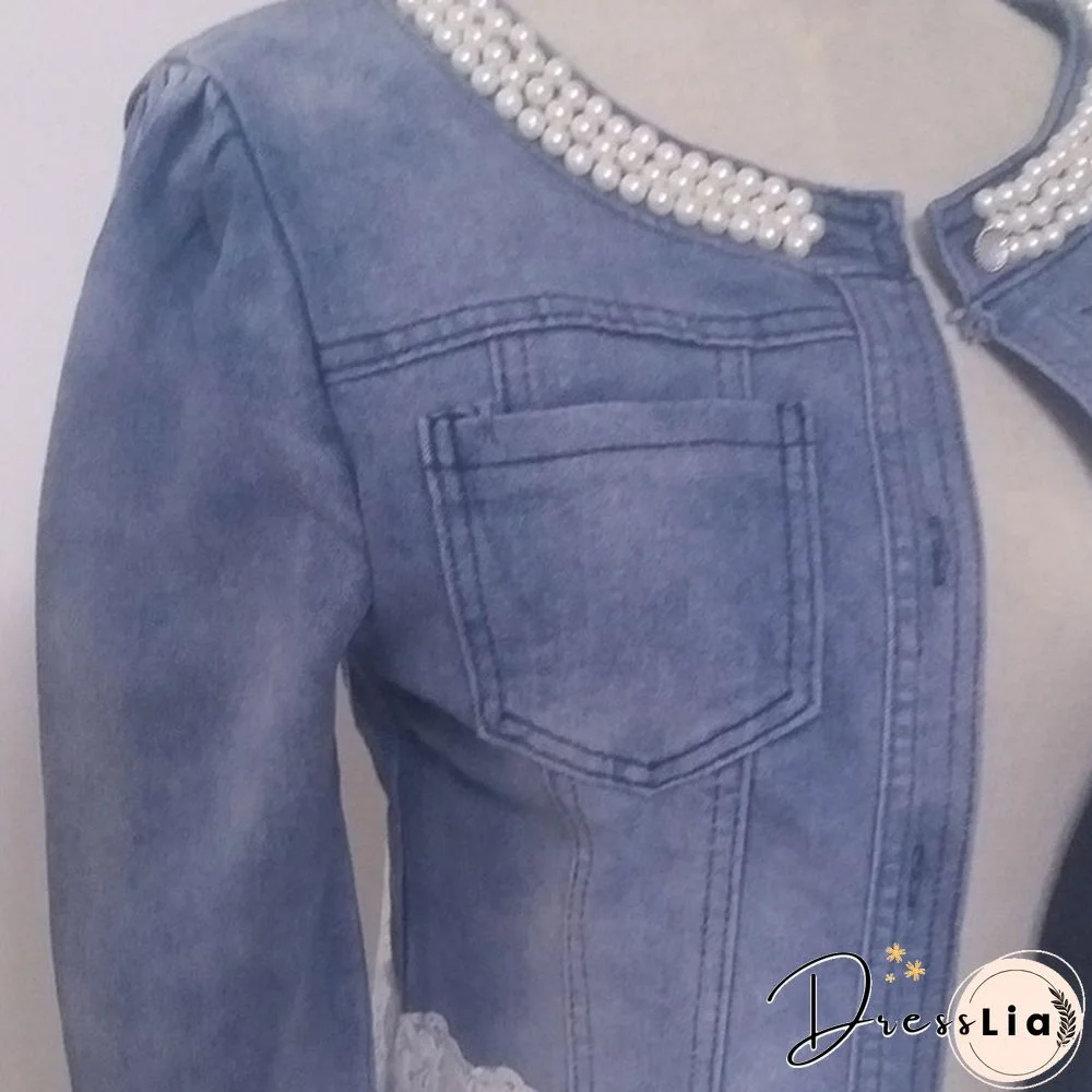 New Women Casual Denim Jacket Pearl Lace Splice Jean Coat Spring Summer Autumn Women Fashion Splice Coat Lace Jacket
