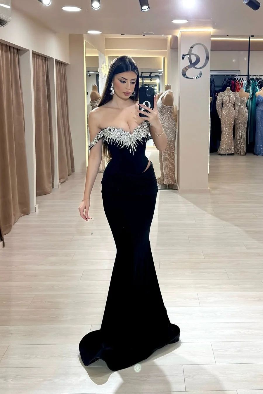 Daisda Black Sleeveless Strapless Off-Shoulders Mermaid Prom Dress With Beads