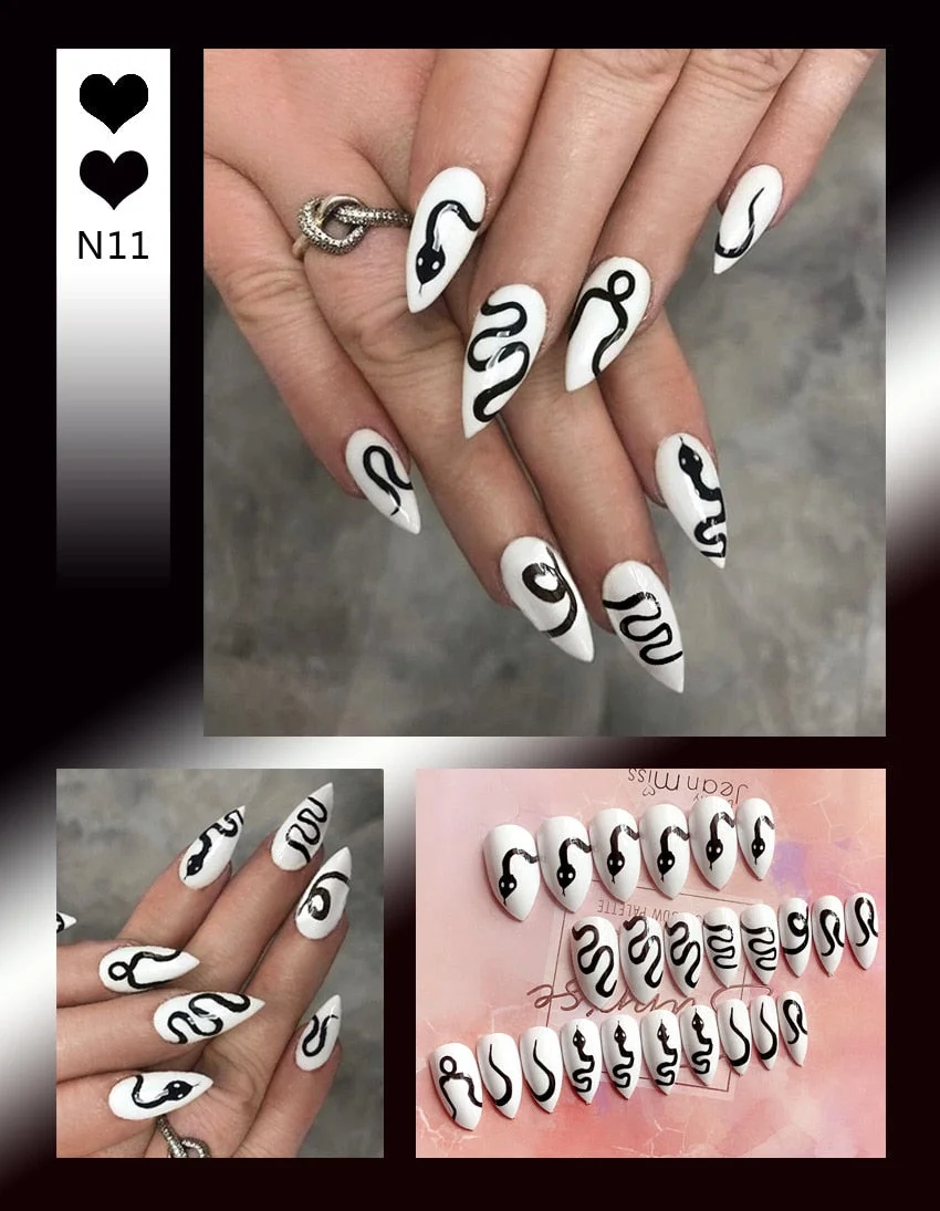 24PCS Dark Punk False Nails with Glue Gradient Long Detachable Fire Dragon  on Nails Skull Flame Art DIY Fashion Manicure Tool-Nail Inspo