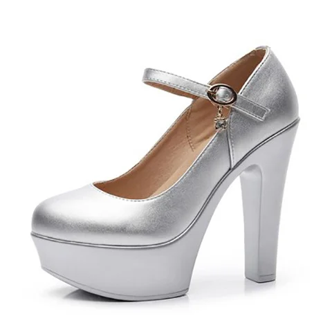 Breakj Breakj Head Buckle Waterproof Table 8CM High Heel Women's Shoes Thick-Soled Model Show Shoes Coarse Heel Work Shoes Silver Single Shoes